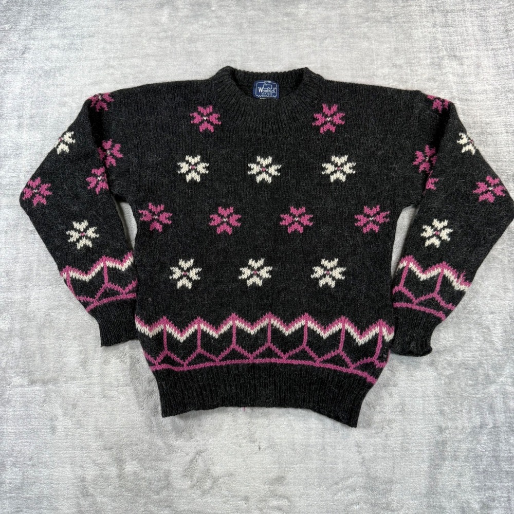 Woolrich Sweater Women Large Black Vintage 80s Wool Mohair Fair Isle Snowflake